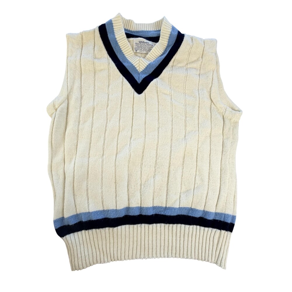 Vtg 70s Wilson Jack Kramer Sweater Vest Mens Medium White V Neck Tennis Knit USA